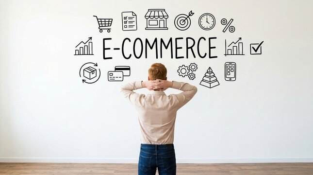 Ecommerce strategy, online retail, digital business concept with person facing ecommerce icons on wall.