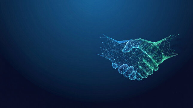 Business handshake made of glowing blue and green plexus lines and nodes, continuous integration and delivery concept on dark tech background with copy space