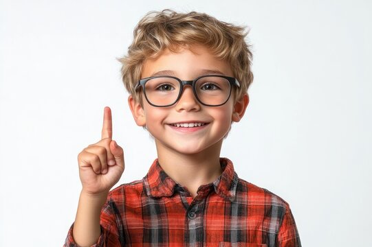 young boy with blurred face in red plaid shirt raising one finger in a confident, attentive pose against white background