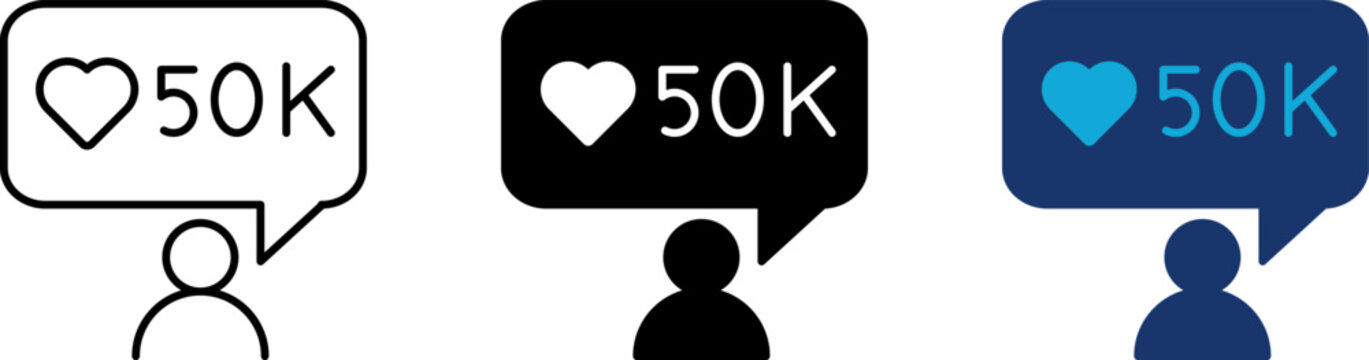 Social media influencer icon set, user with 50k likes notification speech bubble, digital counter app audience milestone, online content marketing popularity, line and flat color style graphic.