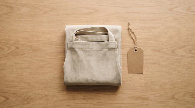 Folded Canvas Apron and Blank Tag on Wood Copy Space