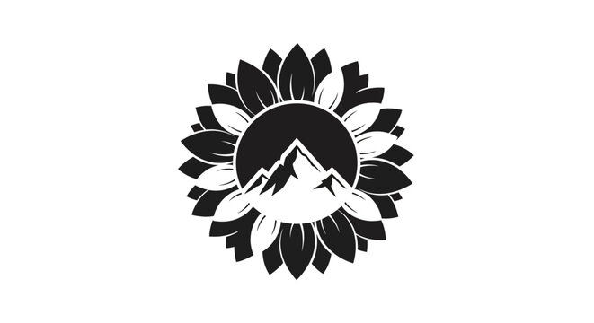 Black and white sunflower with mountain silhouette logo.