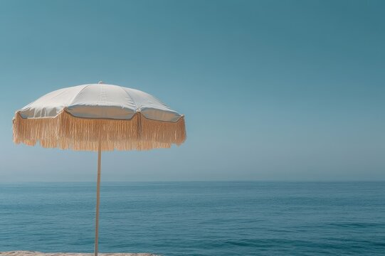 single fringed beach umbrella on a quiet sandy shore overlooking a calm blue sea and cloudless sky, evoking peaceful summer relaxation