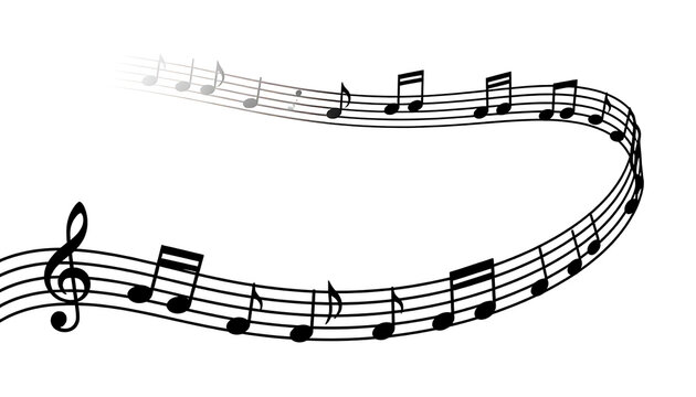 Wavy musical notes on staff lines isolated on white background
