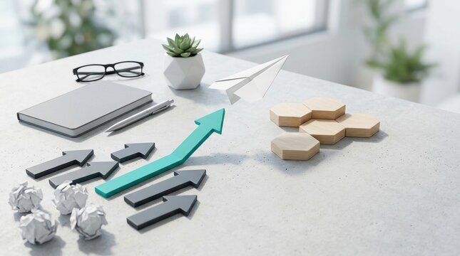 Business success, growth strategy, opportunity concept with green arrow rising through obstacles on office desk.