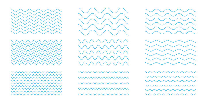 Water waves. Set of wavy zigzag lines. Wave thin line background. Vector zigzag and wavy horizontal underline. Vector illustration modern eps.10