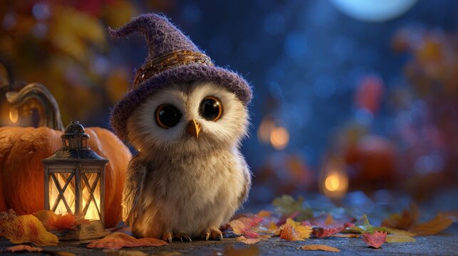 Cute little owl wearing a purple witch hat sitting outdoors with autumn leaves and lantern.