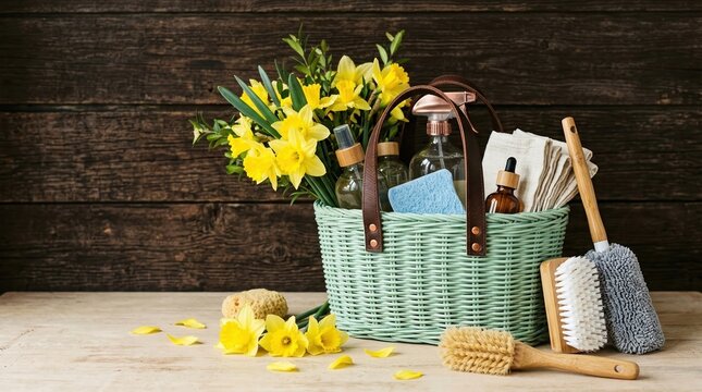 Spring cleaning, home organization, household care concept with cleaning basket, flowers and brushes.