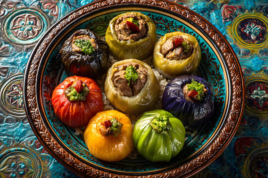 Traditional Bosnian halal Sogan Dolma stuffed onions on ornate blue tile background, top view.
