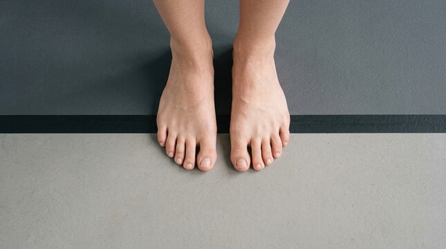 Crossing boundaries, first step, personal change concept with bare feet stepping over bold black line.