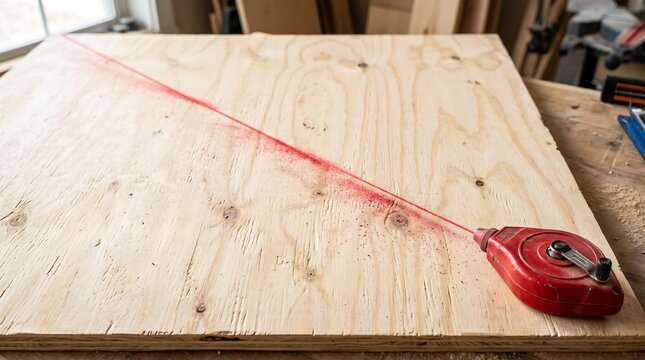 Red Chalk Line Reel on Raw Plywood Texture Copy Space