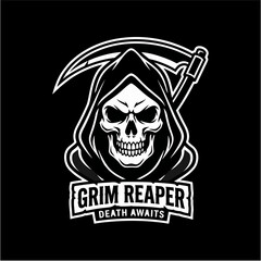 Fototapeta premium Iconic Skeleton Figure With Scythe and Hood Emblem Representing Mortality and The End With The Text Grim Reaper Death Awaits For Thematic Designs