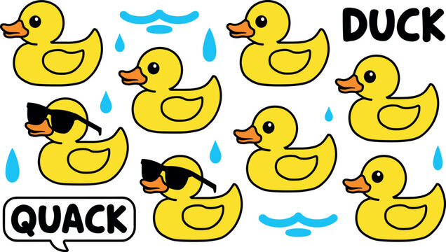 Cute rubber yellow duck vector collection set with cartoon water drops waves sunglasses duck and quack typography text lettering stickers