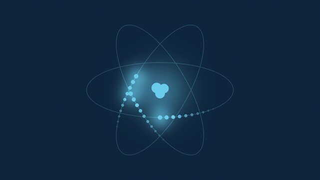 Blue atom model with electrons orbiting nucleus, science seamless loop background