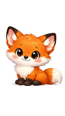 Fototapeta premium Adorable red fox cub with white chest and black nose, sitting on all fours.