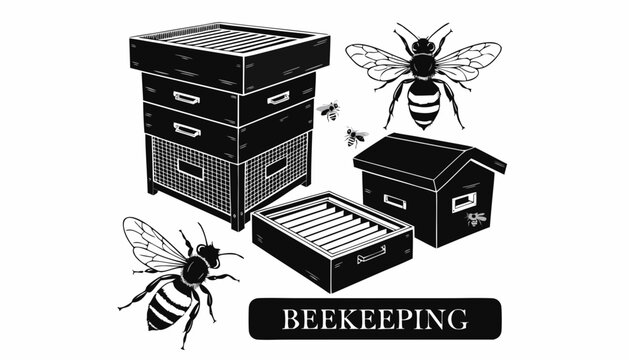 Very beautiful black and white realistic vector illustration of beekeeping featuring beehives and honey bees with a bold label reading "BEEKEEPING", engraved linework, isolated on white background.