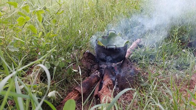 Authentic outdoor cooking in a remote rural countryside using a traditional black pot over a wood fire. Natural smoke rises through the green vegetation, showcasing a simple sustainable lifestyle and 
