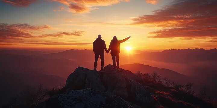 two hikers silhouetted on a rocky summit at sunrise, one pointing toward the golden sun over layered mountain ridges, a serene awe-filled moment