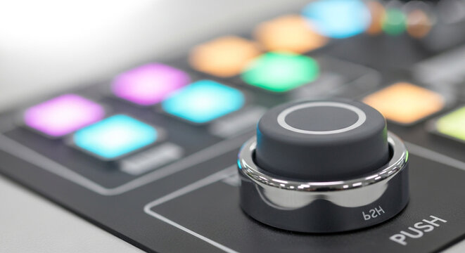 Close-up of a black control knob with a push button and colorful illuminated buttons on a control panel