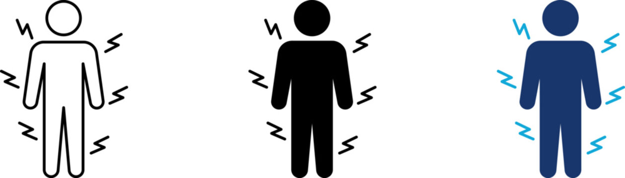 Body ache icon set, human silhouette with full body pain lightning strikes, sickness chills or shivering fever symptom, medical illness, line and flat color style illustration graphic design.
