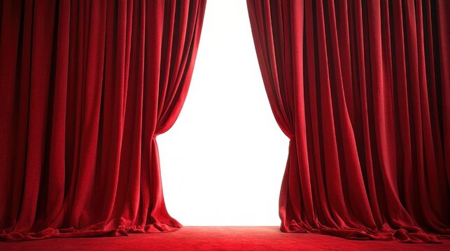 red velvet stage curtains parted to reveal bright white opening and red carpet, evoking anticipation and dramatic suspense