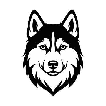 Portrait of a striking Sibe rian Husky head with piercing blue eyes and distinctive markings a noble canine companion representing loyalty and adventure presented as a stylized graphic emblem