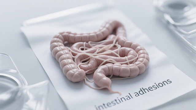 Medical illustration showing intestinal adhesions, abnormal fibrous tissue connections forming between intestinal segments after abdominal surgeries or inflammation. This gastrointestinal disorder tri