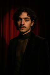 Obraz premium Portrait of a handsome young man in black velvet blazer with red curtain background