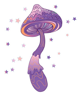 Psychedelic mushroom vector illustration in rave style with vibrant colors and trippy shapes. Surreal design inspired by nightlife, music culture, altered perception, and visual hallucination