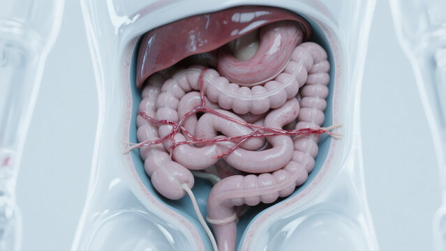 Medical illustration showing intestinal adhesions, abnormal fibrous tissue connections forming between intestinal segments after abdominal surgeries or inflammation. This gastrointestinal disorder tri