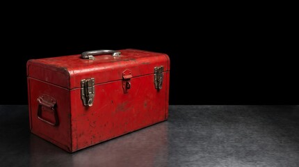 Obraz premium Closed Red Metal Toolbox on Dark Industrial Background Copy Space