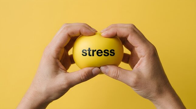 Hands forming a heart around a yellow object labeled 'stress', symbolizing compassionate care and a proactive approach to mental health