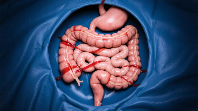 Medical illustration showing intestinal adhesions, abnormal fibrous tissue connections forming between intestinal segments after abdominal surgeries or inflammation. This gastrointestinal disorder tri