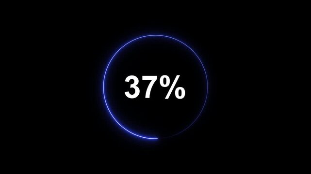 Neon blue circular loading progress bar animation with 37 percent counter on black background, for digital interface, and ui