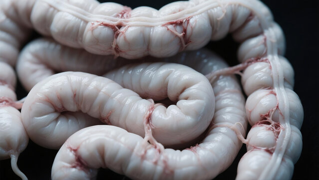 Medical illustration showing intestinal adhesions, abnormal fibrous tissue connections forming between intestinal segments after abdominal surgeries or inflammation. This gastrointestinal disorder tri