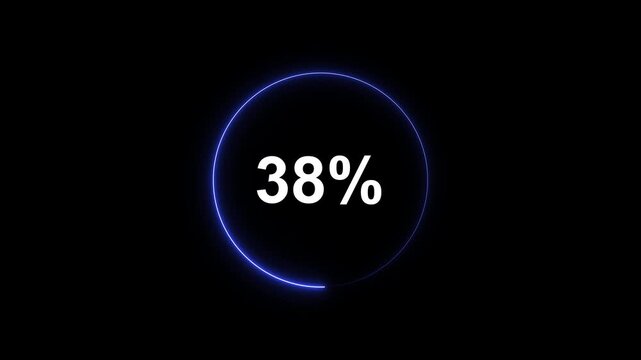 Neon blue circular loading progress bar animation with 38 percent counter on black background, for digital interface, and tech ui