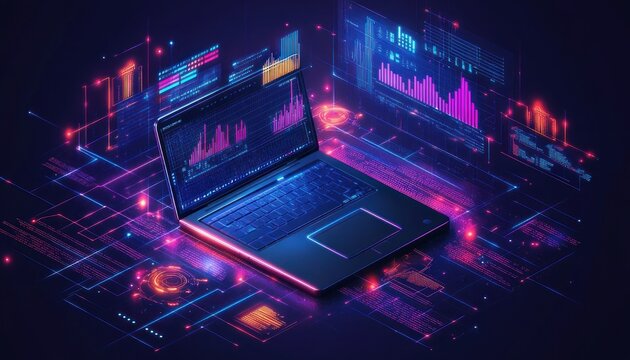 sleek laptop surrounded by floating holographic data screens and glowing neon circuitry displaying colorful charts and graphs, conveying futuristic excitement and dynamic digital focus