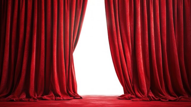 red velvet stage curtains parted over matching red carpet revealing a bright white opening, evoking dramatic anticipation and suspense