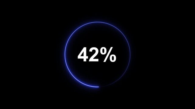 Neon blue circular loading progress bar animation with 42 percent counter on black background, for digital interface, and tech ui