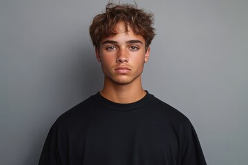 Obraz premium Anonymous person with tousled brown hair wearing a black crewneck shirt against a plain gray background, neutral and impassive mood