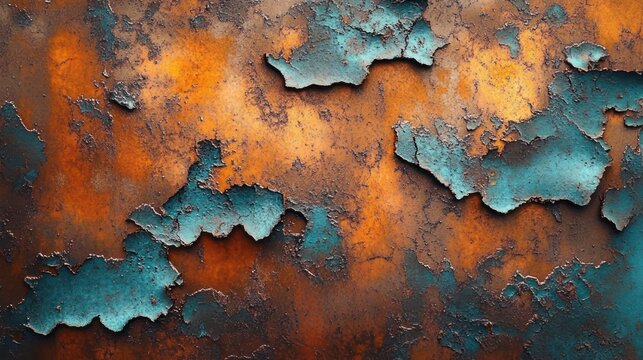 close-up of weathered sheet metal with peeling turquoise paint and orange rust, flaking layers and gritty dramatic decay