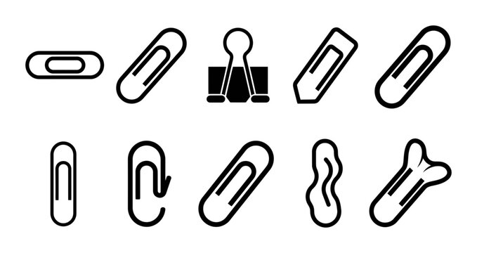 Paper Clip Collection Vector Set Featuring Various Office Stationery Fasteners Metal Wire Clips And Binder Clips For Organization And Document Management