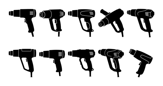 Heat Gun Silhouette Icon Collection Set Featuring Ten Professional Industrial Power Tool Designs For Construction Repair And Manual Crafting Projects