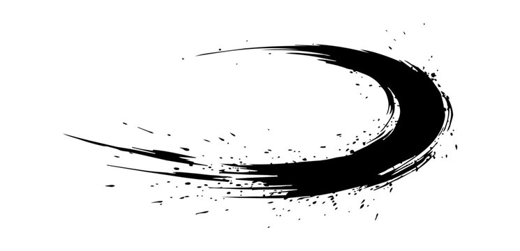Powerful black ink brush stroke with rough curved wave and splatter