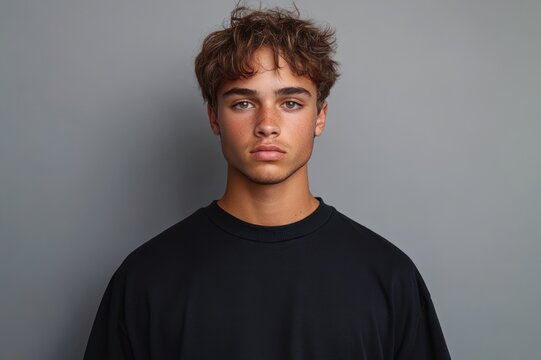 Anonymous person with tousled brown hair wearing a black crewneck shirt against a plain gray background, neutral and impassive mood