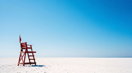Empty Red Lifeguard Chair on Beach with Huge Blue Sky Copy Space