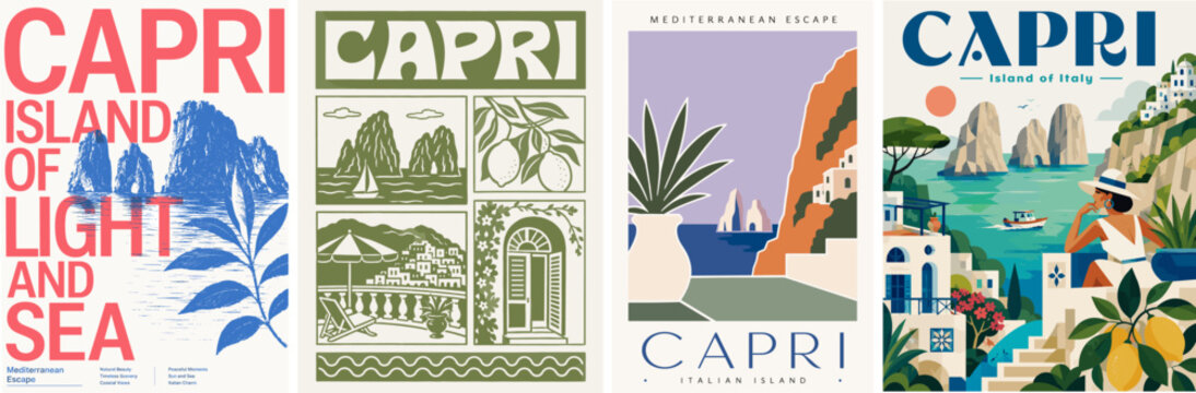 Capri travel poster set with Mediterranean cliffs, sea views, lemons, coastal village, sailboats, woman, bold typography and Italian summer vector design.