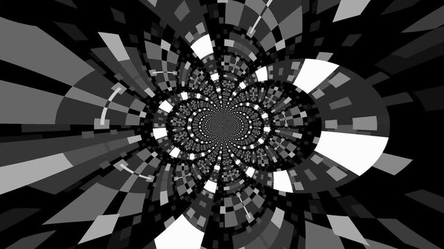 Monochrome geometric spiral tunnel animation with abstract circular patterns seamless loop background