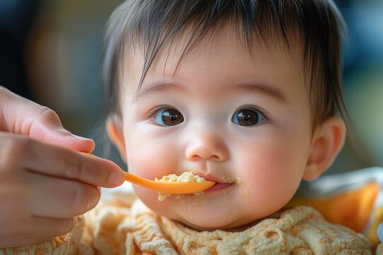 Close-up of baby wearing a knitted sweater being gently fed with a spoon by an adult hand, tender caring moment