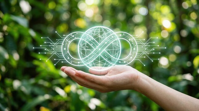 Sustainable network, circular economy, green technology concept with glowing infinity symbol in forest.